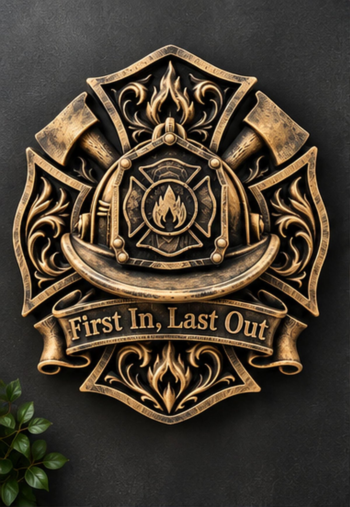Front view of antique gold First In Last Out firefighter plaque with helmet and Maltese cross