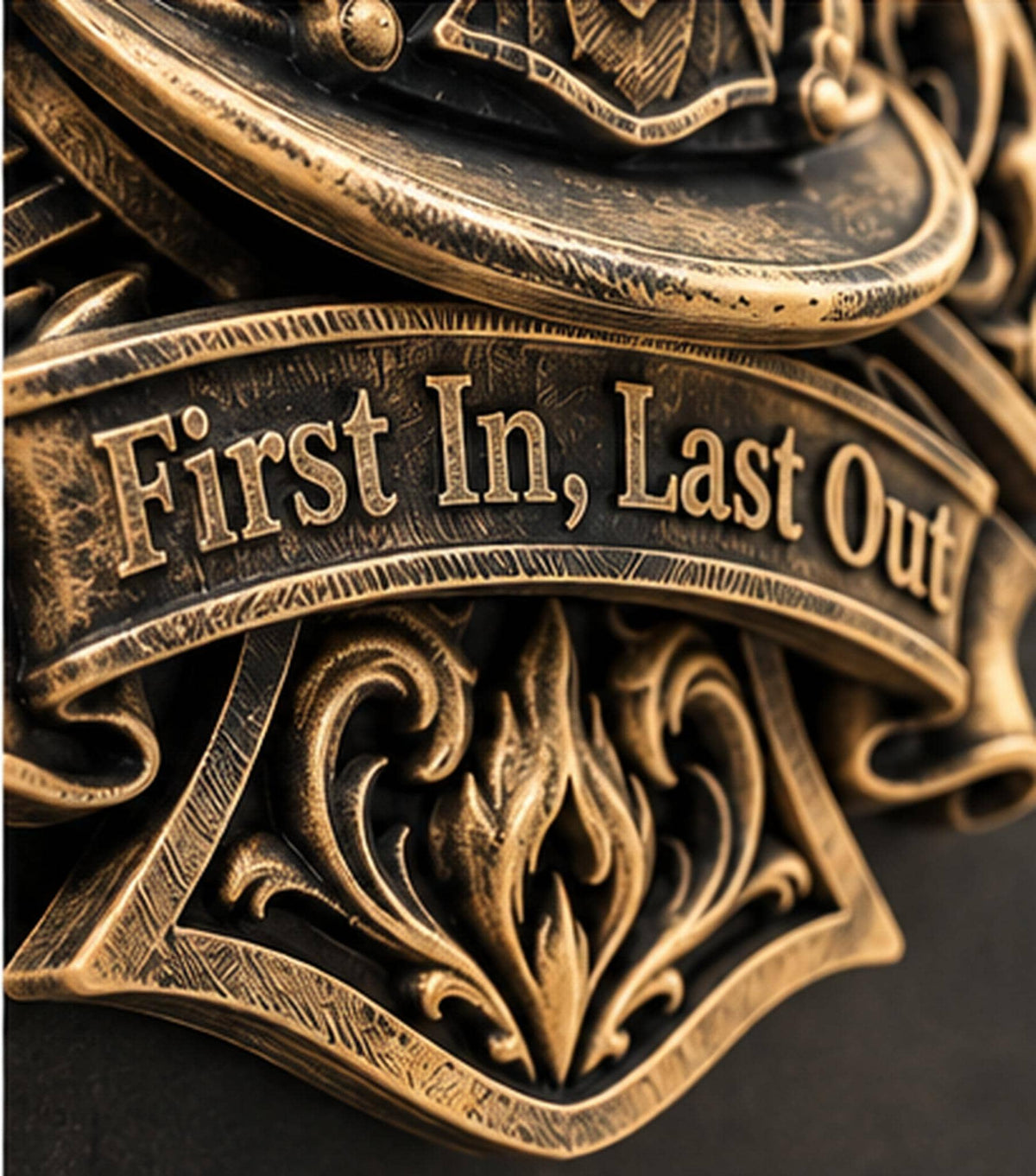 Close-up of the First In, Last Out banner and flame scrollwork