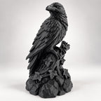Angled view of black raven statue perched on a twisted trunk with ivy and stones