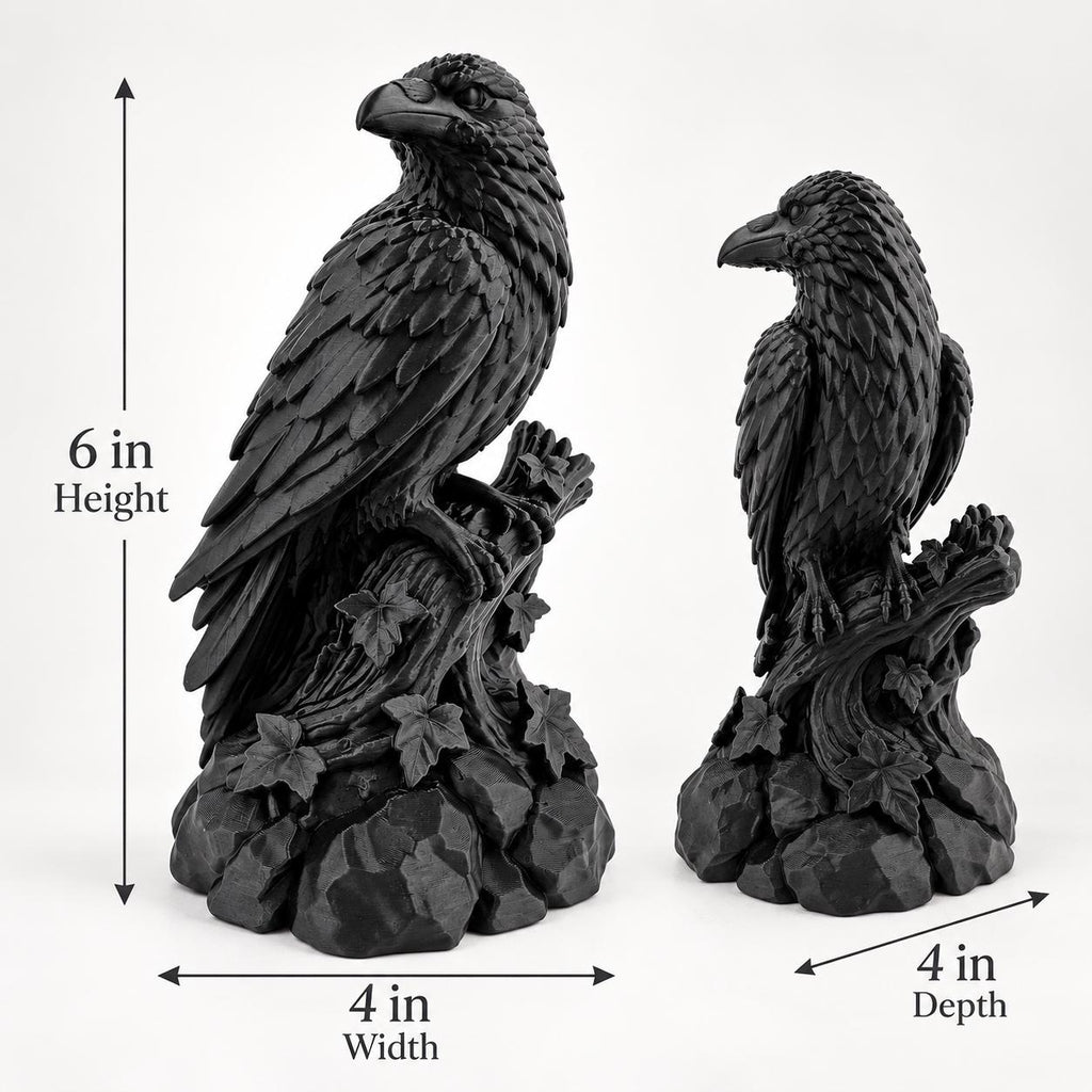 Dimension photo of the 6 in. raven statue: 6 in. high, 4 in. wide, 4 in. deep