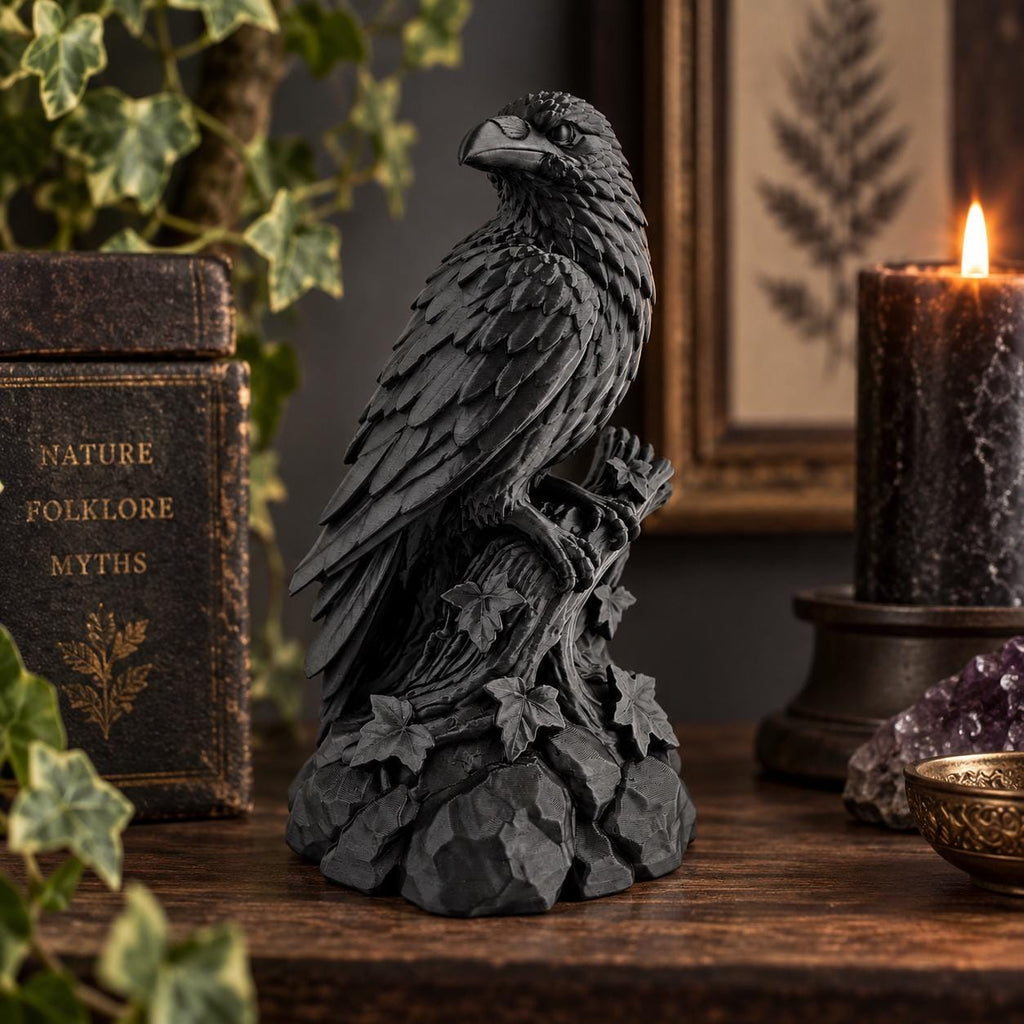 Black raven statue on a shelf beside old books and a lit candle