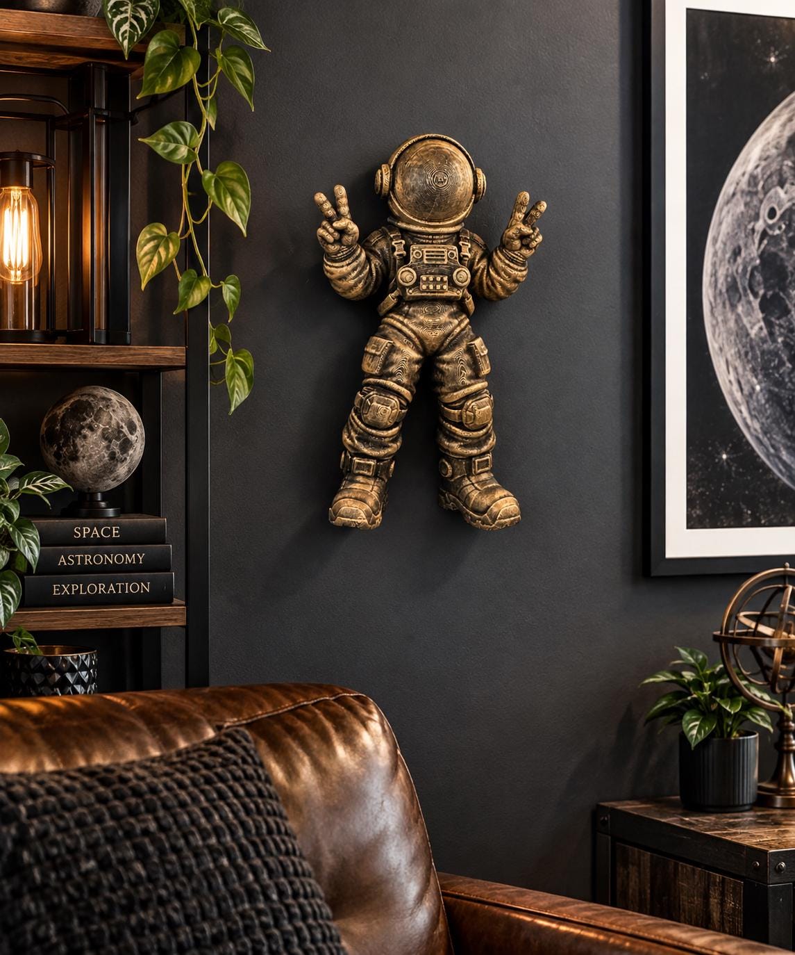 Peace sign astronaut sculpture hung in a living room beside a moon print