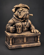 Front view of the bulldog leaning on a pub counter with a frothy beer