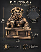 Dimension graphic of the bulldog sculpture: 9 in. long, 8 in. wide, 4 in. deep