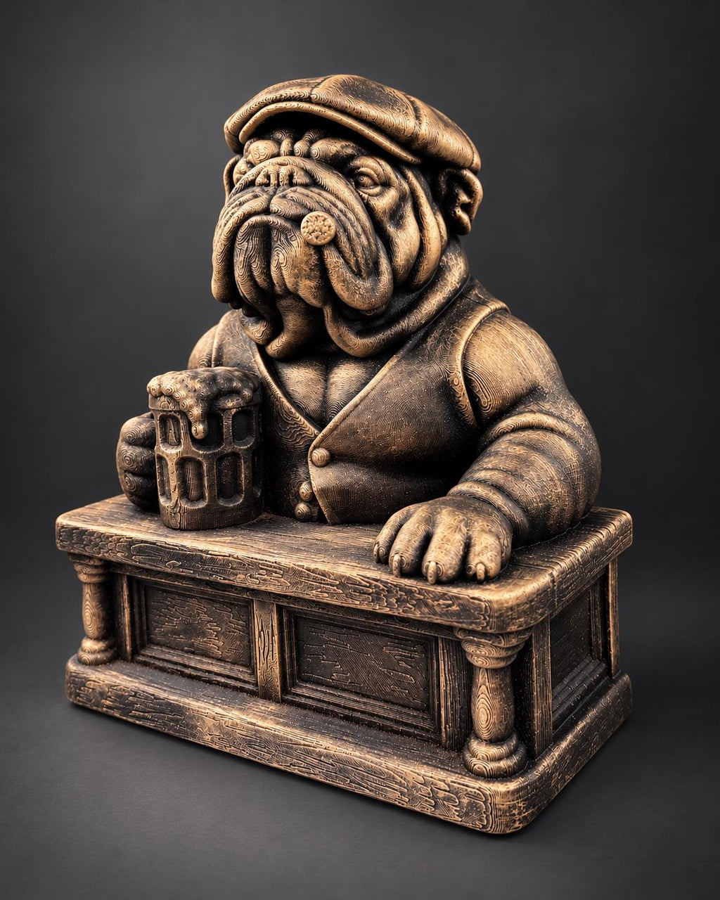 Right angle of the English Bulldog bartender showing cap and vest