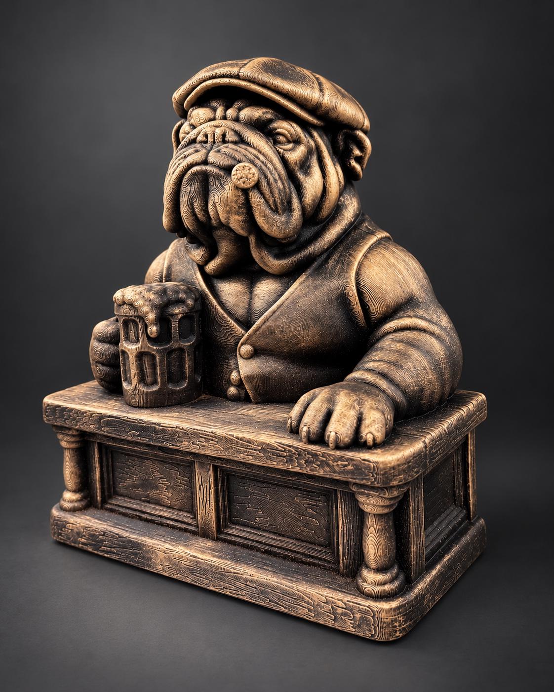Right angle of the English Bulldog bartender showing cap and vest