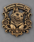 Front view of antique gold cat memorial plaque with Legends Never Die banner and paw prints