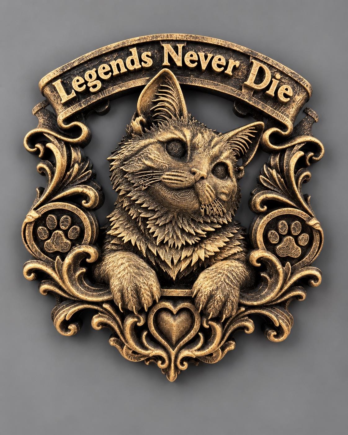Front view of antique gold cat memorial plaque with Legends Never Die banner and paw prints