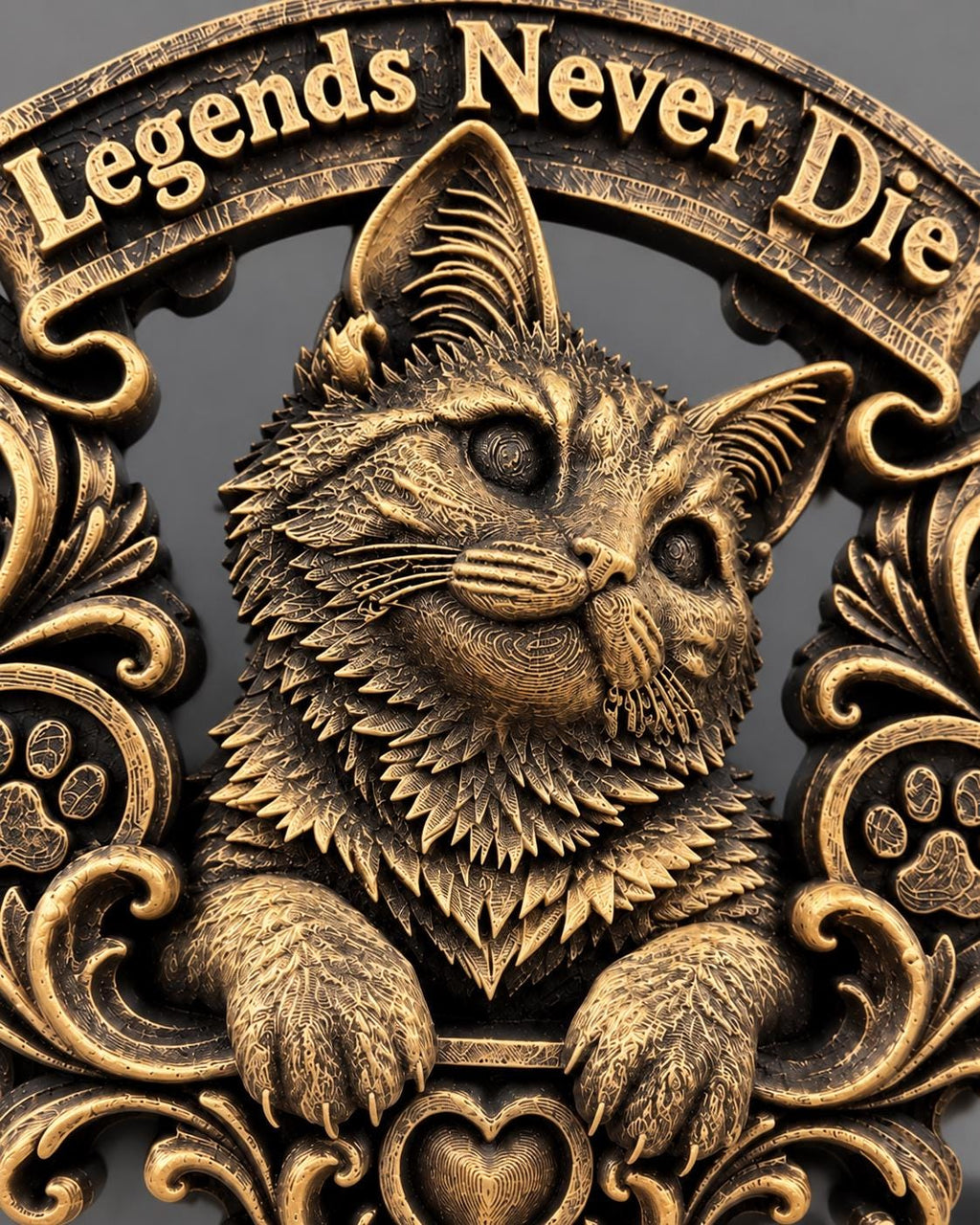 Close-up of the gold cat portrait and Legends Never Die lettering