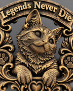 Close-up of the gold cat portrait and Legends Never Die lettering