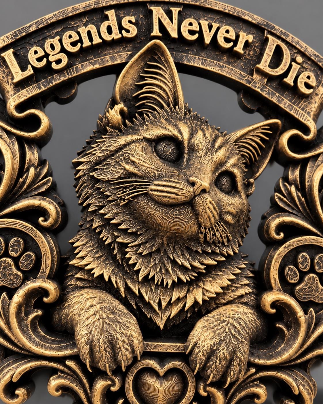 Close-up of the gold cat portrait and Legends Never Die lettering