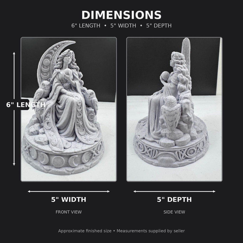 Dimension graphic of the 6 in. moon goddess statue, 5 in. wide and 5 in. deep