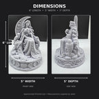 Dimension graphic of the 6 in. moon goddess statue, 5 in. wide and 5 in. deep
