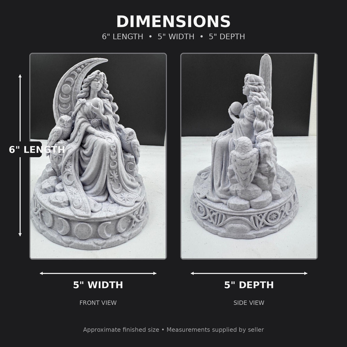 Dimension graphic of the 6 in. moon goddess statue, 5 in. wide and 5 in. deep