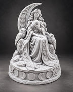 Angled view of light gray moon goddess statue seated before a crescent moon with owls