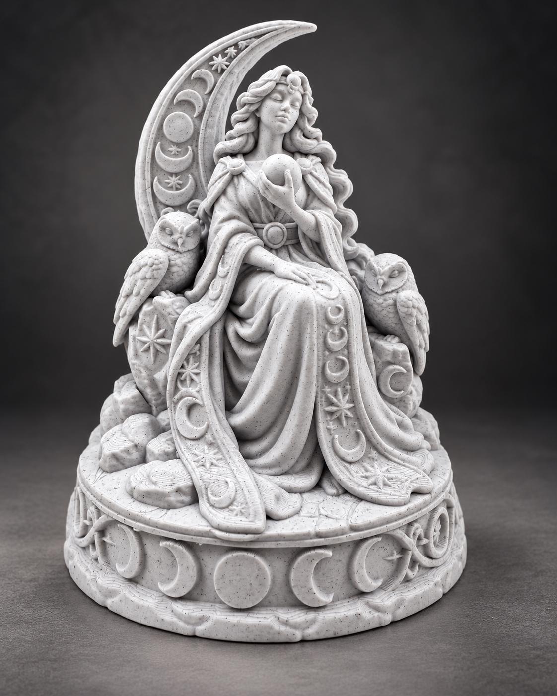 Angled view of light gray moon goddess statue seated before a crescent moon with owls