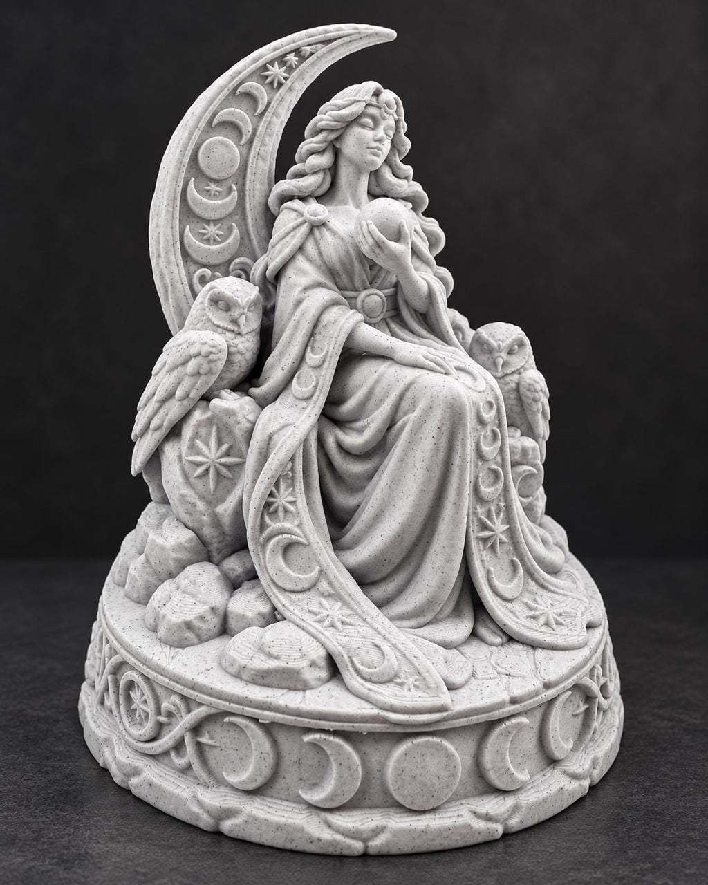 Front angle of the moon goddess holding an orb with an owl at her side