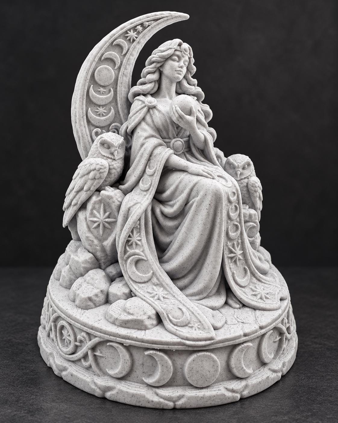 Front angle of the moon goddess holding an orb with an owl at her side