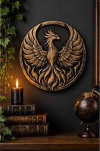 Gold phoenix sculpture on a dark wall above books, a candle and a globe