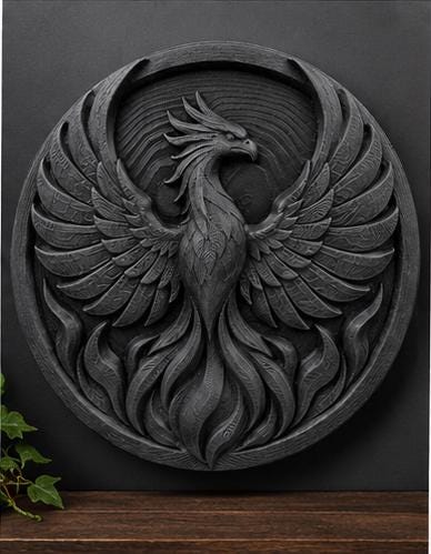 Front view of the black finish phoenix wall sculpture