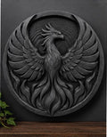 Front view of the black finish phoenix wall sculpture