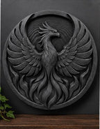 Front view of the black finish phoenix wall sculpture