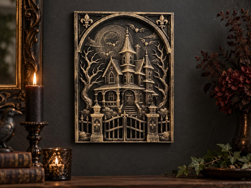 Haunted house sculpture on a dark wall beside a candle and books