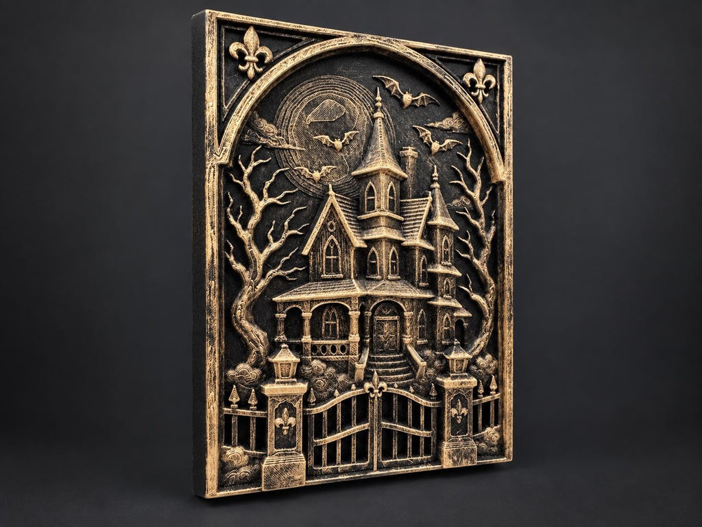 Right angle of the haunted house sculpture showing the frame edge