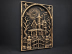 Right angle of the haunted house sculpture showing the frame edge