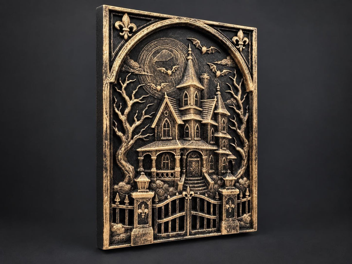 Right angle of the haunted house sculpture showing the frame edge