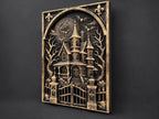 Left angle of the haunted house sculpture showing depth