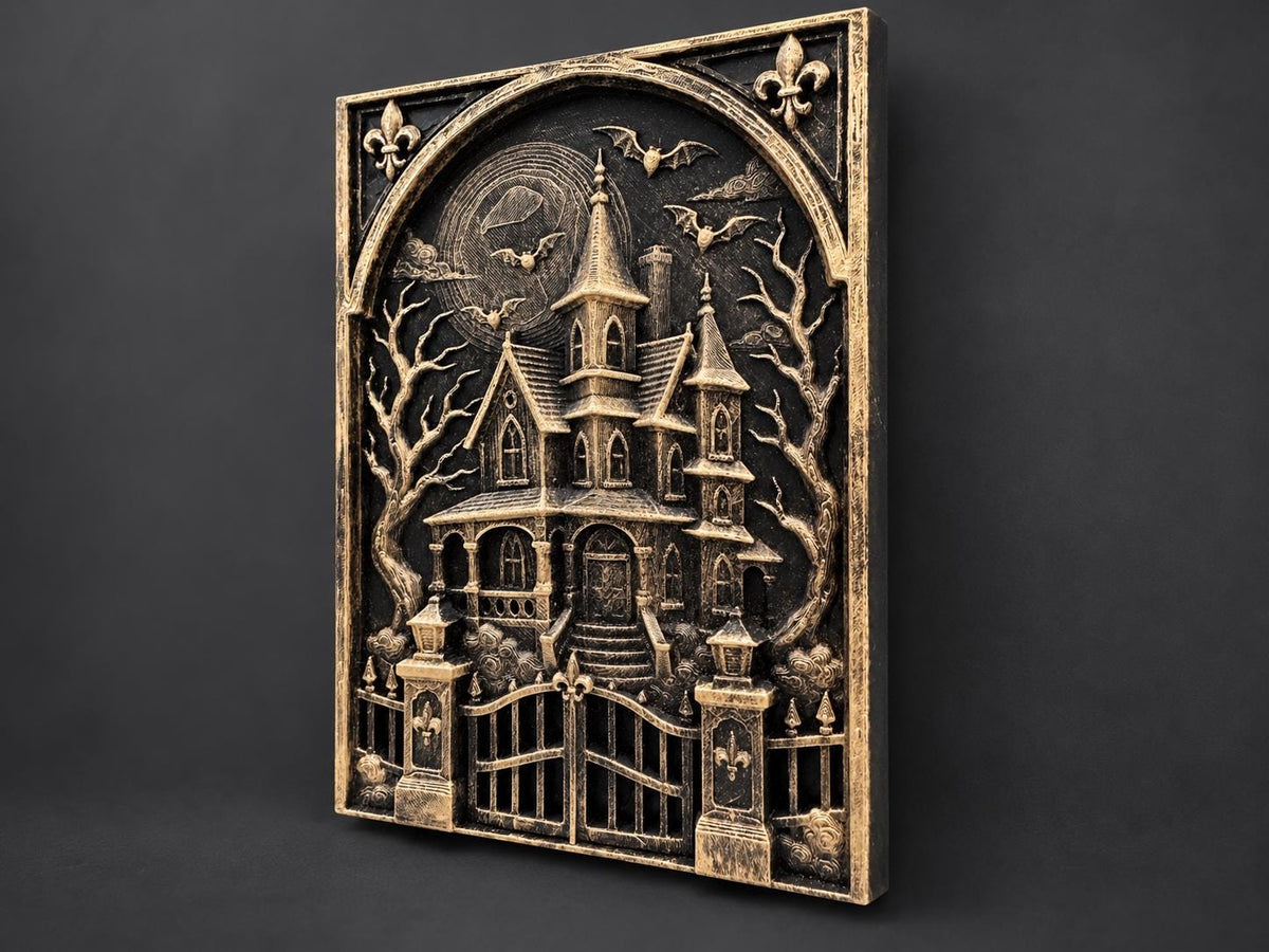 Left angle of the haunted house sculpture showing depth