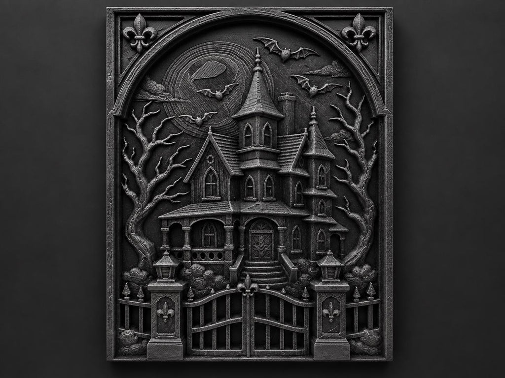 Front view of the black finish haunted house sculpture