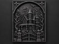 Front view of the black finish haunted house sculpture
