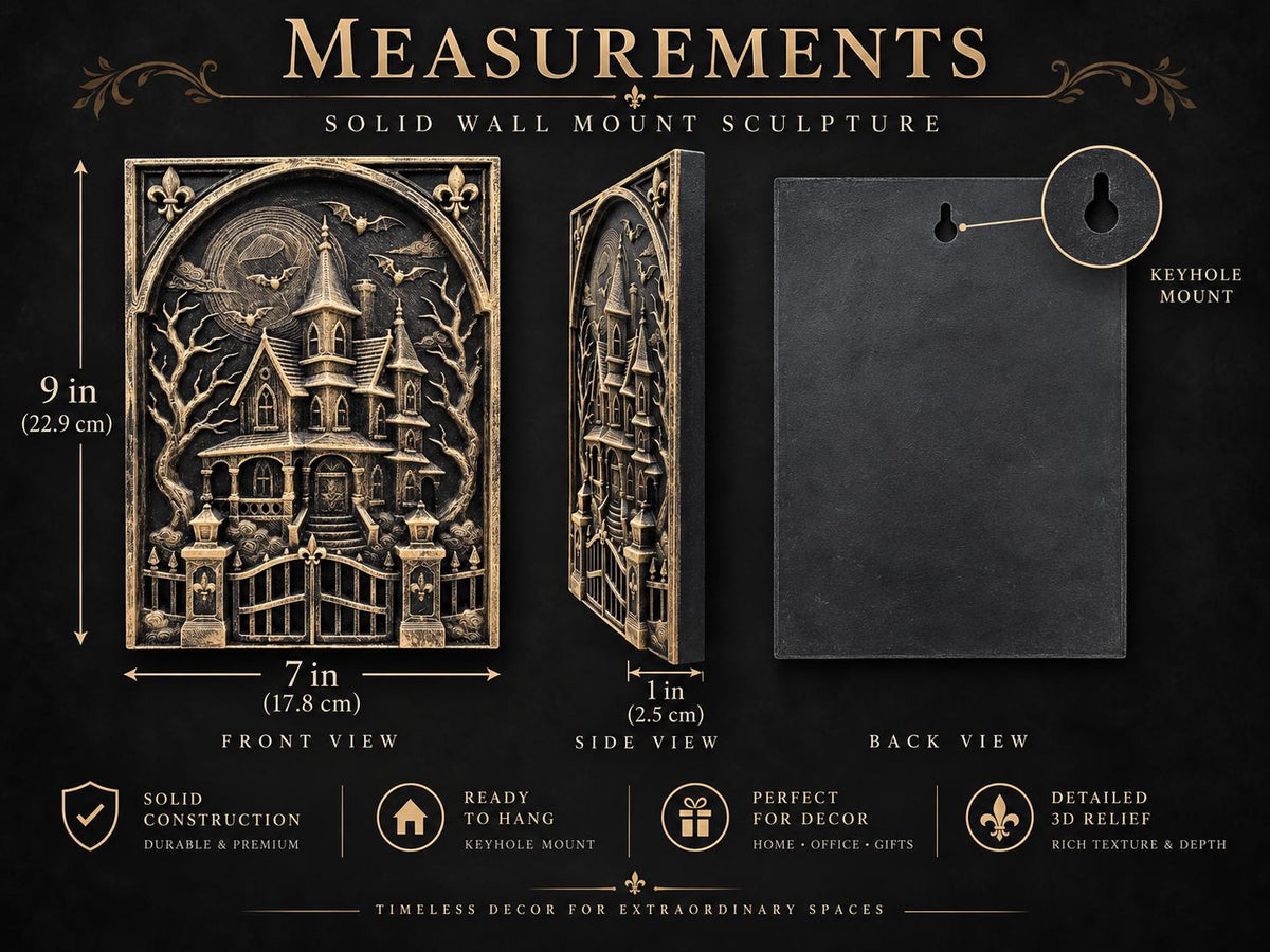 Measurement graphic of the haunted house sculpture: 9 in. by 7 in., 1 in. deep