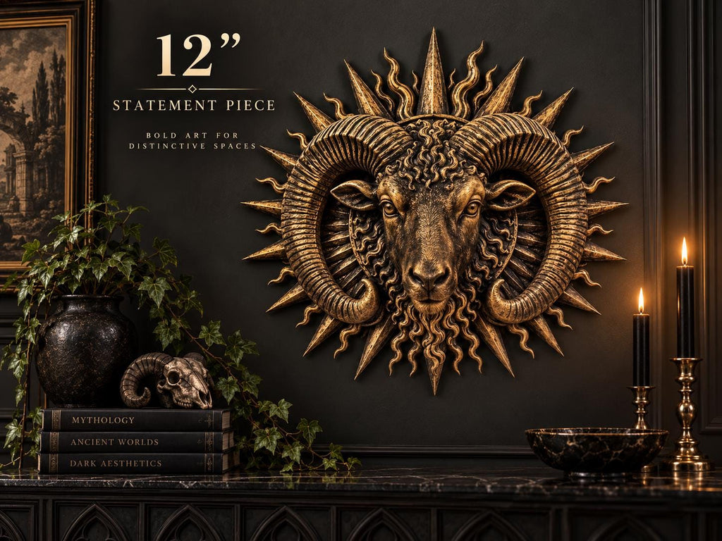 Styled view of the 12 in. ram sunburst statement piece on a dark wall