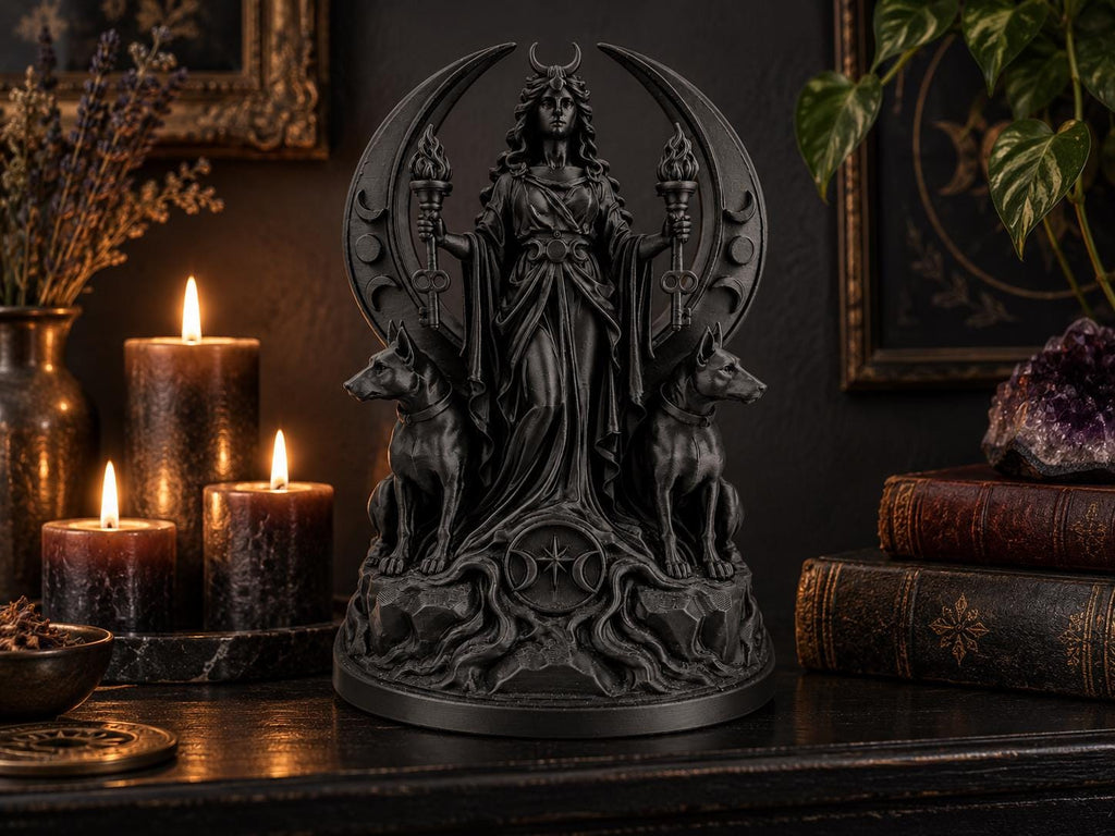 Black Hecate statue on a dark shelf with candles, books and a plant