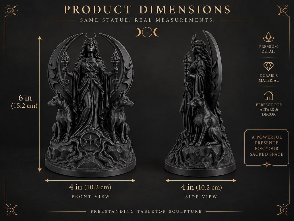 Dimension graphic of the 6 in. Hecate statue, 4 in. wide and 4 in. deep