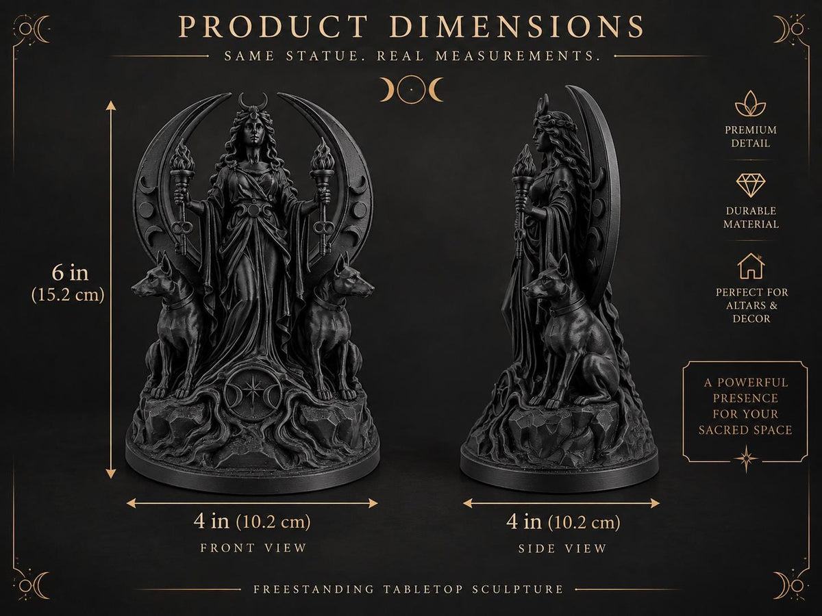 Dimension graphic of the 6 in. Hecate statue, 4 in. wide and 4 in. deep