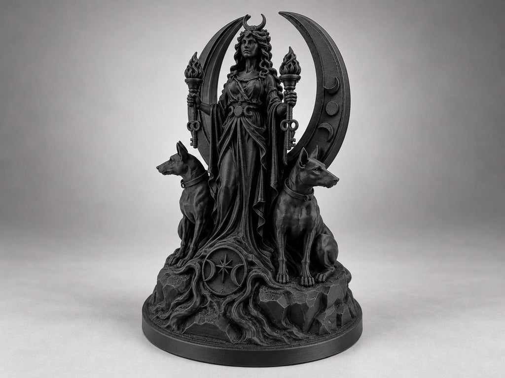 Angled view of the black Hecate goddess between two seated hounds