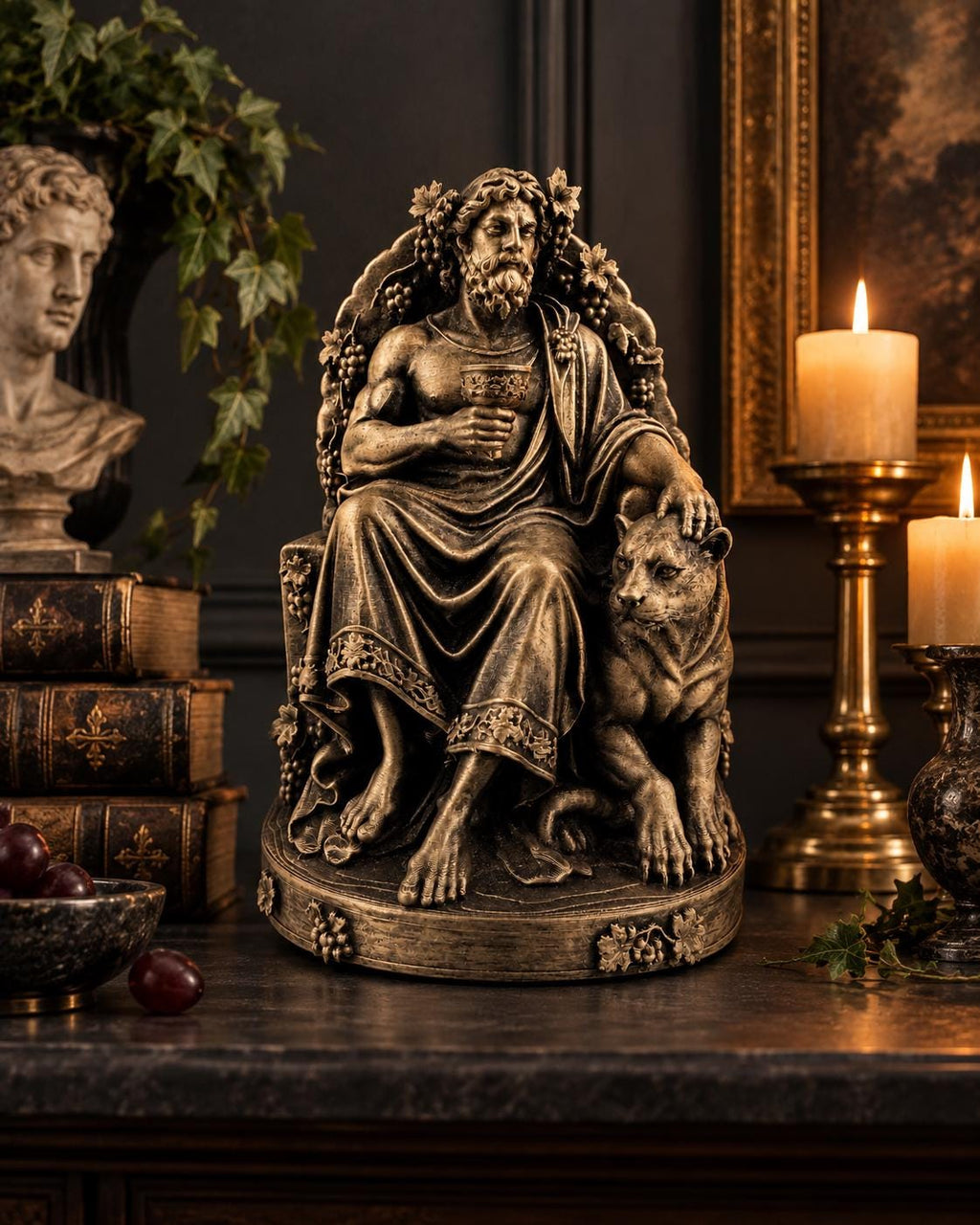 Gold Dionysus statue on a dark shelf with candles, grapes and books
