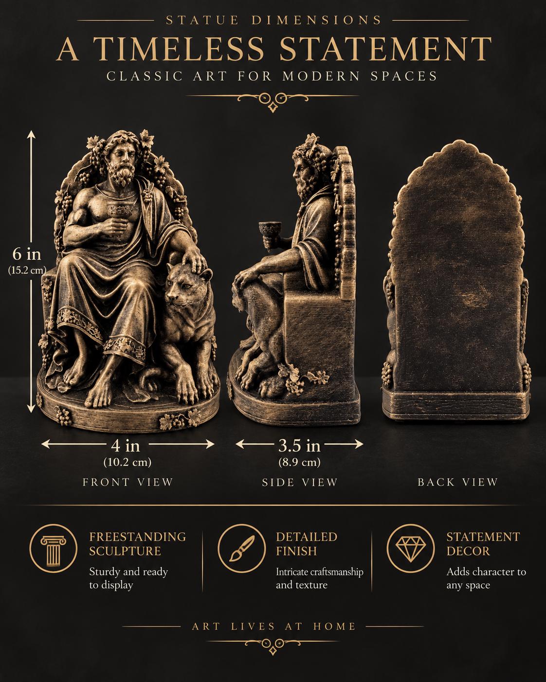Dimension graphic of the 6 in. Dionysus statue: 4 in. wide, 3.5 in. deep
