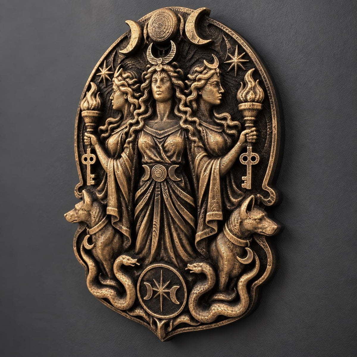 Left angle of the triple goddess plaque showing serpents and hounds
