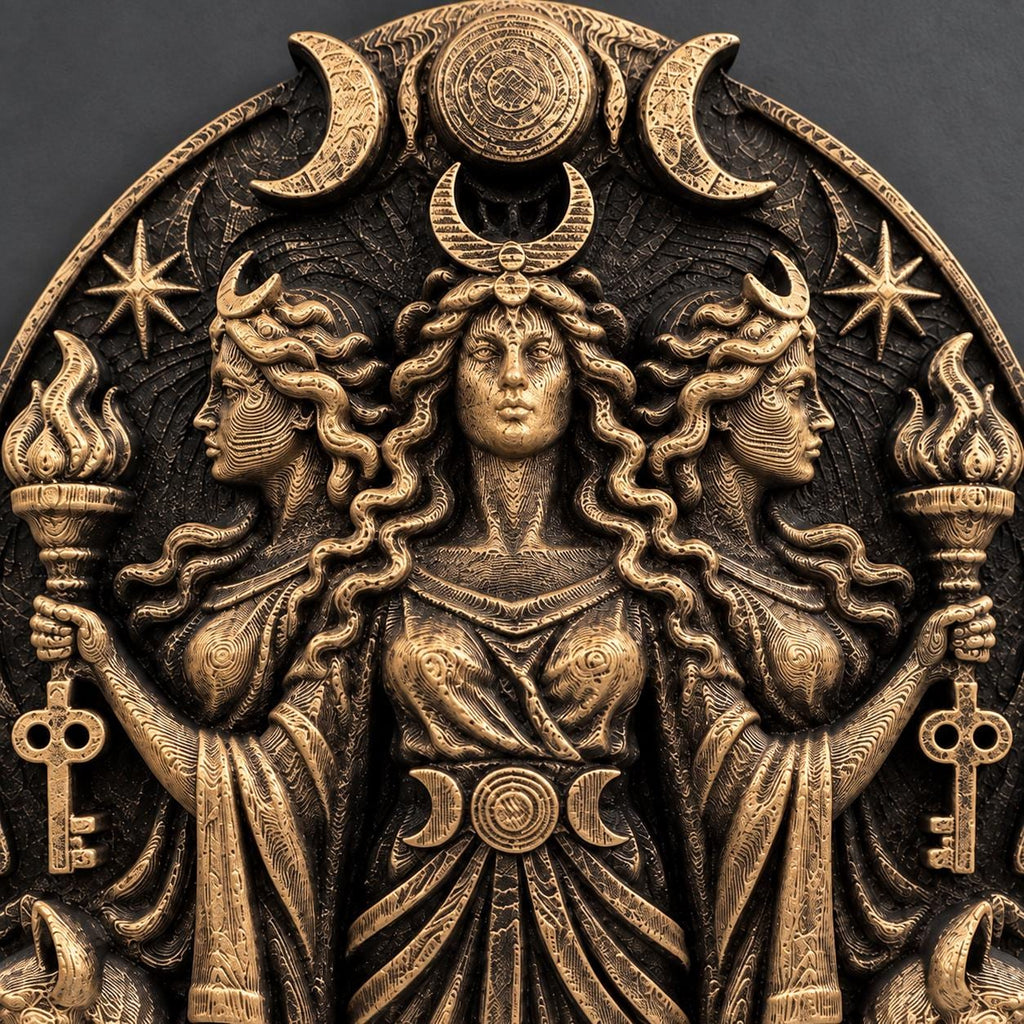 Close-up of Hecate's three faces, crescent crown and torches