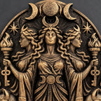 Close-up of Hecate's three faces, crescent crown and torches