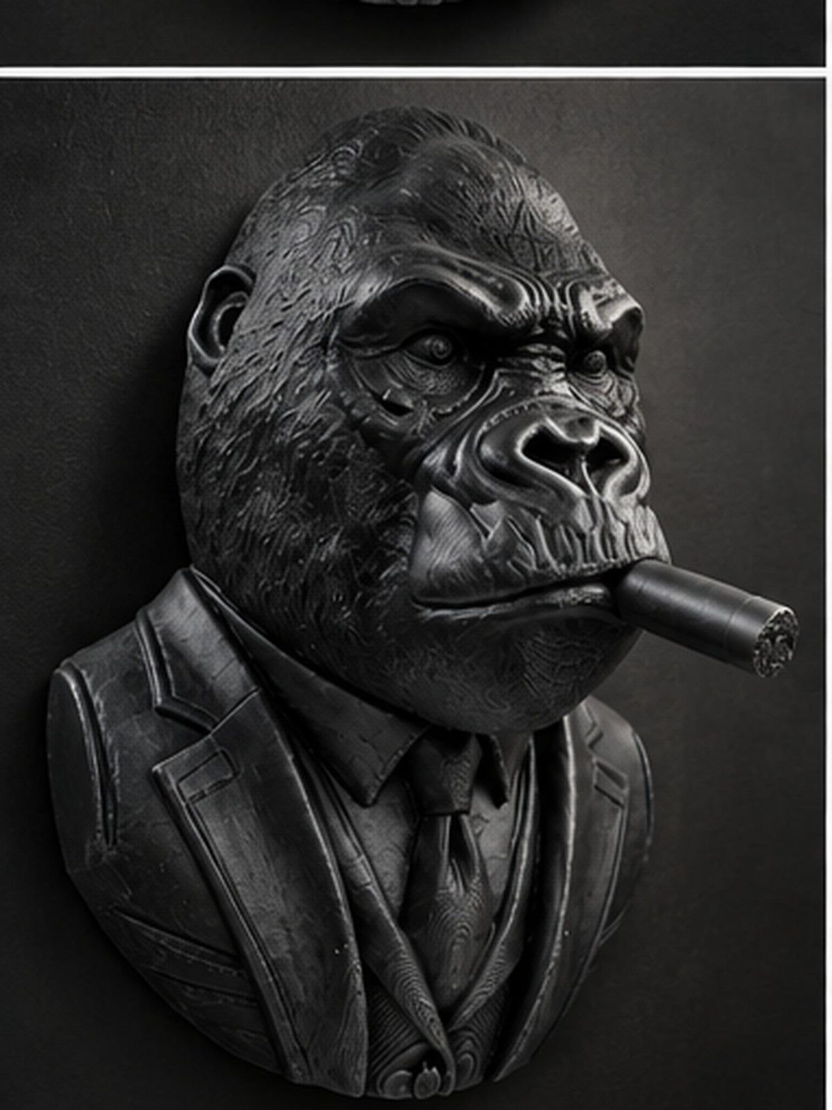 Three-quarter view of the black gentleman gorilla with cigar