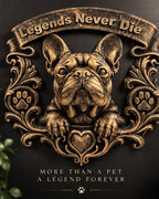 Gold Frenchie memorial plaque on a dark background with tribute text