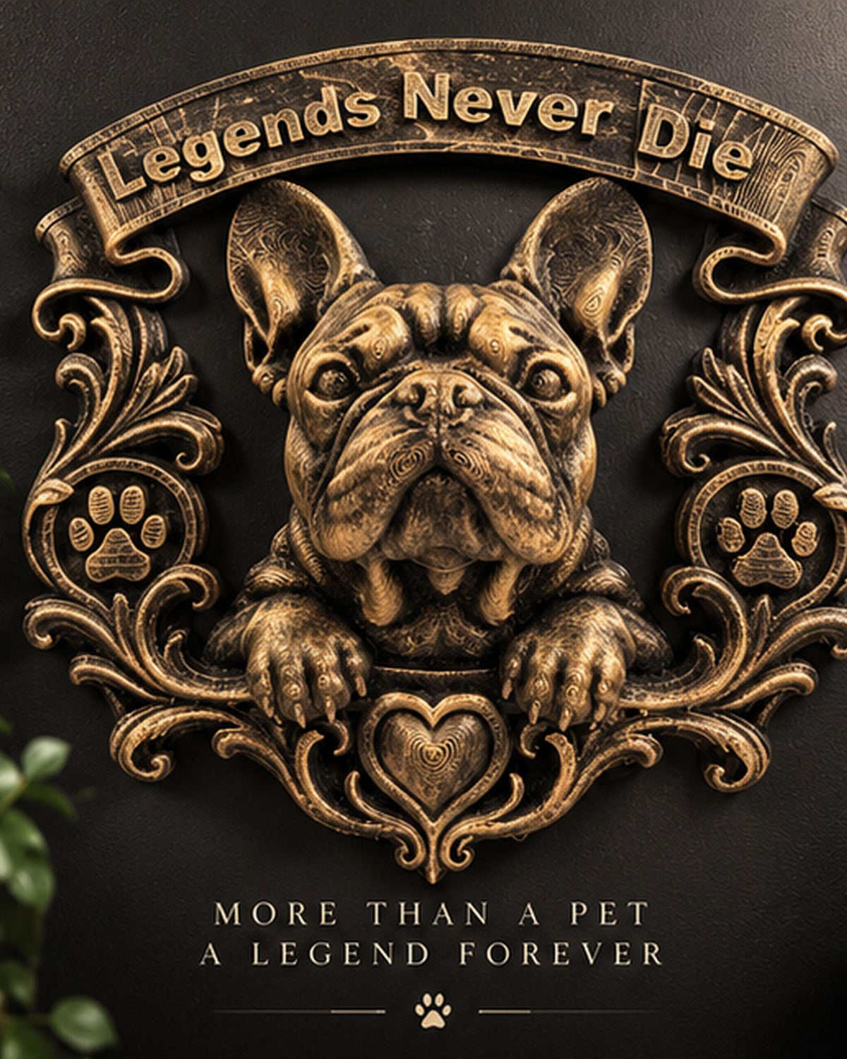 Gold Frenchie memorial plaque on a dark background with tribute text