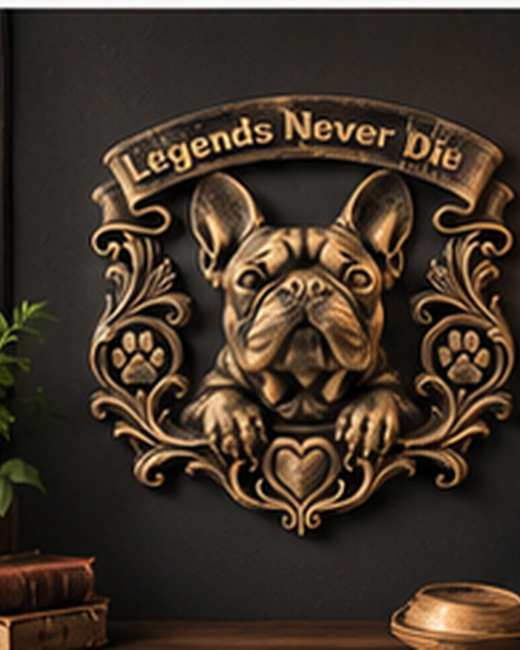 French Bulldog memorial plaque on a dark wall above a shelf