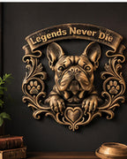 French Bulldog memorial plaque on a dark wall above a shelf